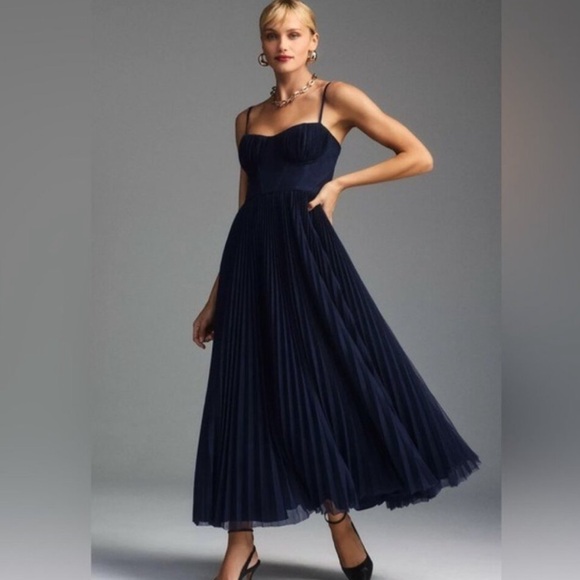 Anthropologie Hutch Amara Bustier Pleated Tulle Fit Flare Midi Dress Navy Size 8 - Picture 1 of 8